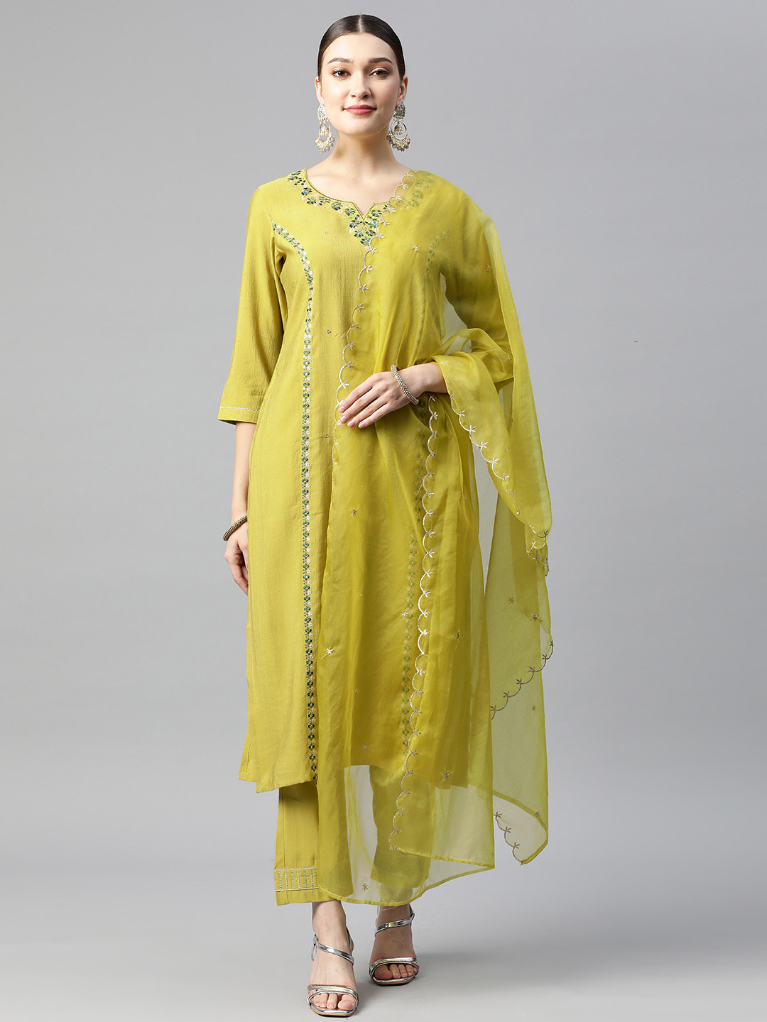 SheWill Green Embroidered Sequinned Kurta with Trousers & With Dupatta