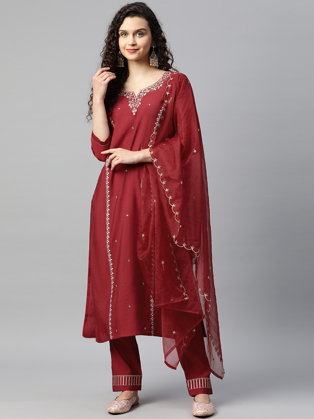 SheWill Maroon Embroidered Sequinned Kurta with Trousers & With Dupatta