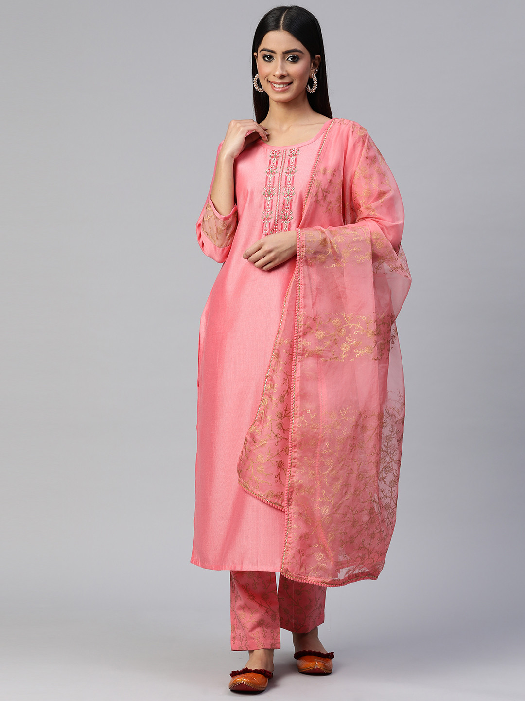 SheWill Women Floral Embroidered Sequinned Liva Kurta With Trousers & With Dupatta