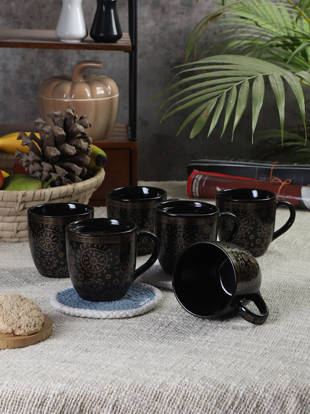 CDI Navin Name Personalised Black Floral Ceramic Handmade 6 Piece Mugs-200ml