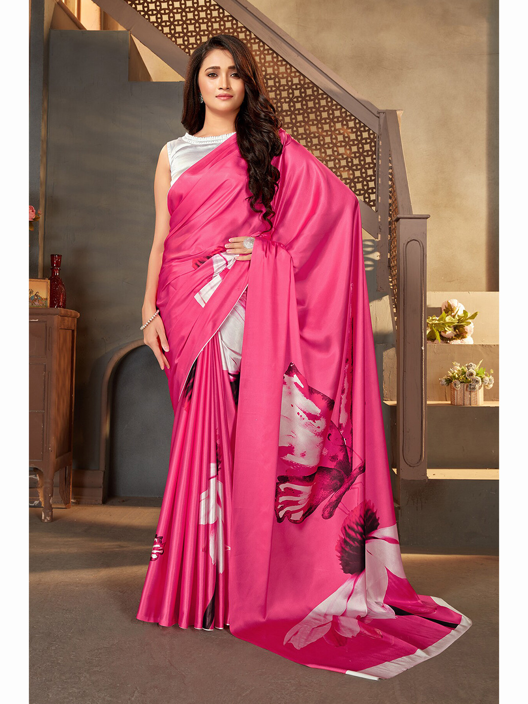 Monjolika Fashion Pink & Grey Floral Print Satin Saree