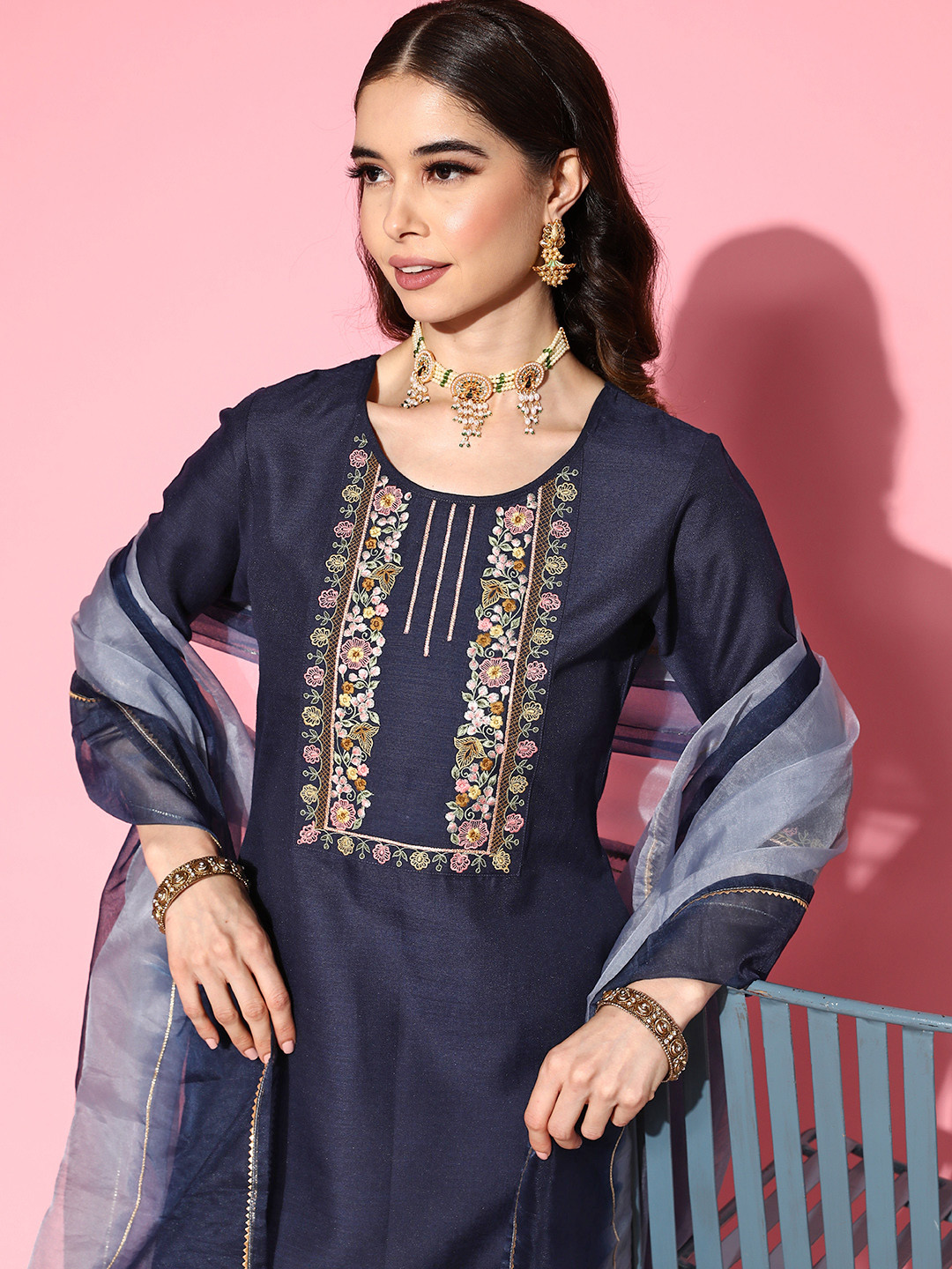 SheWill Navy Blue Floral Embroidered Gotta Patti Kurta with Trousers with Dupatta