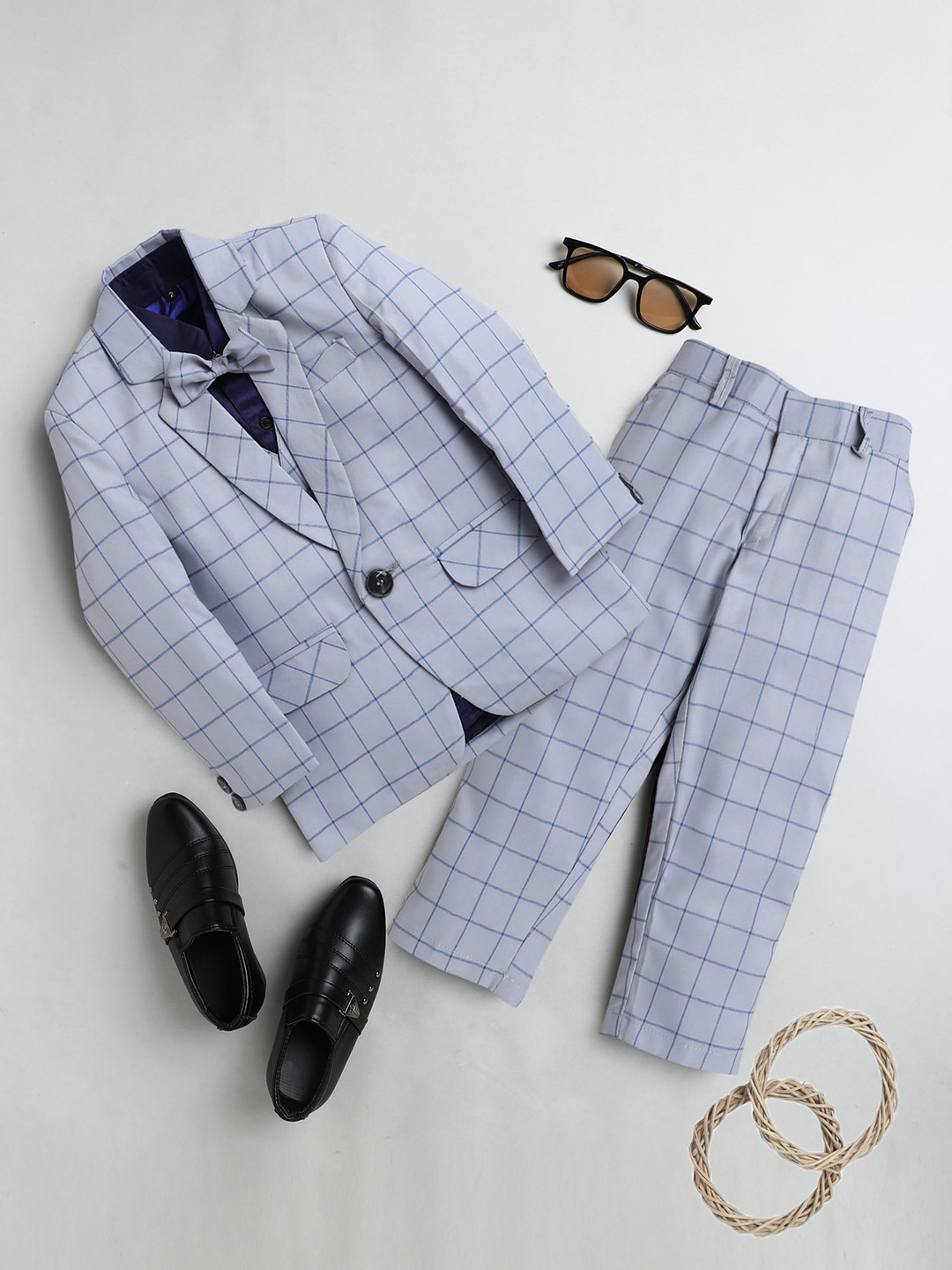 Jeetethnics Infants Boys Navy Blue Checked Patterned Single-Breasted 4-Piece Suits