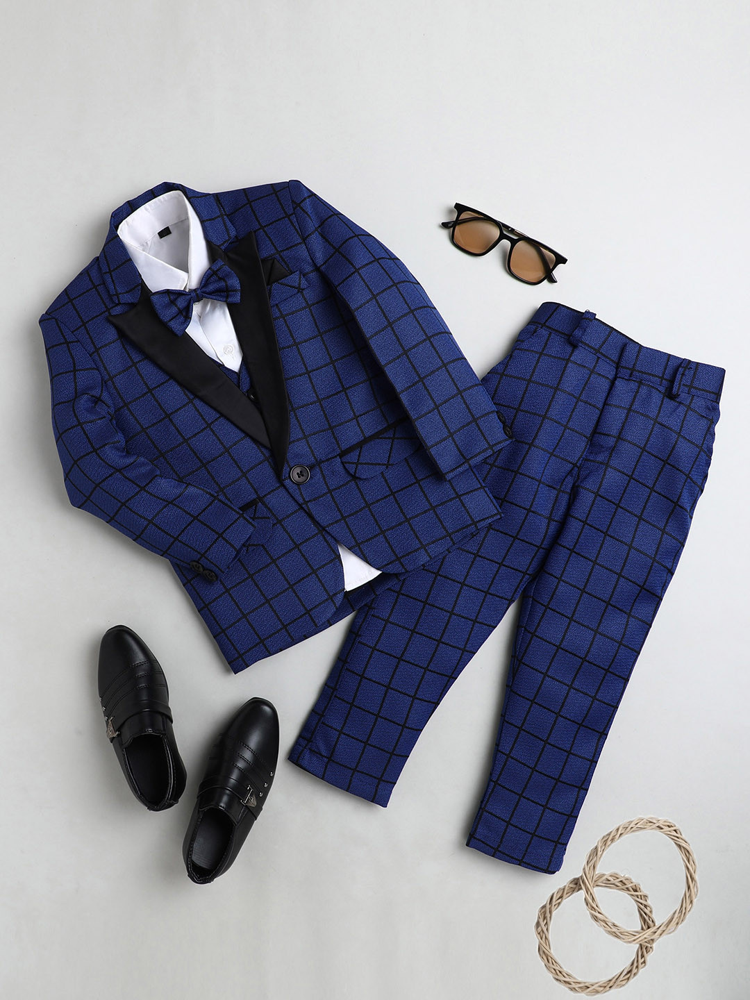 Jeetethnics Infant Boys Blue & Black Checked 5-Piece Single-Breasted Suit