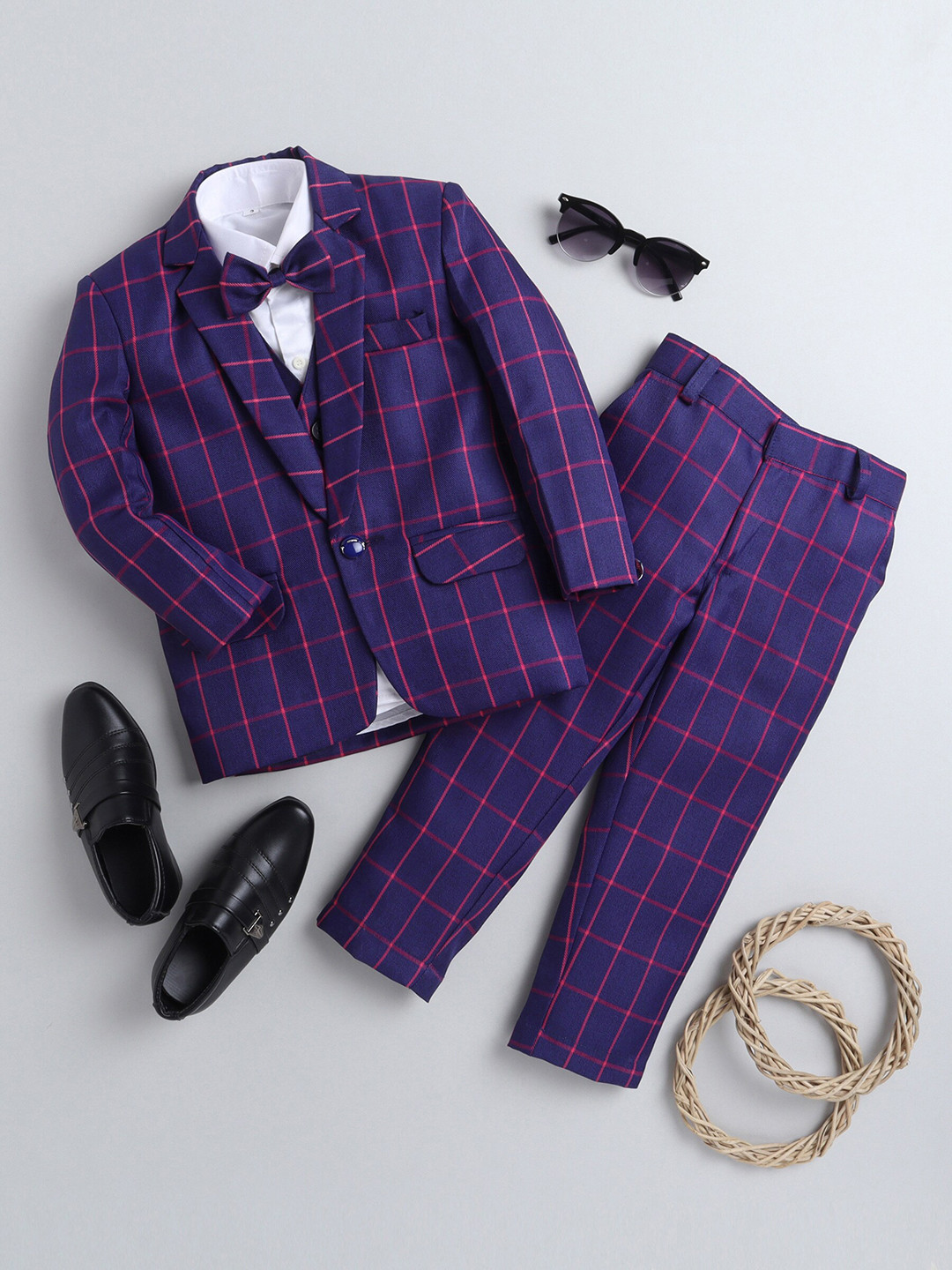 Jeetethnics Boys Navy Blue Checked 4 Piece Single-Breasted Party Suit With Bow