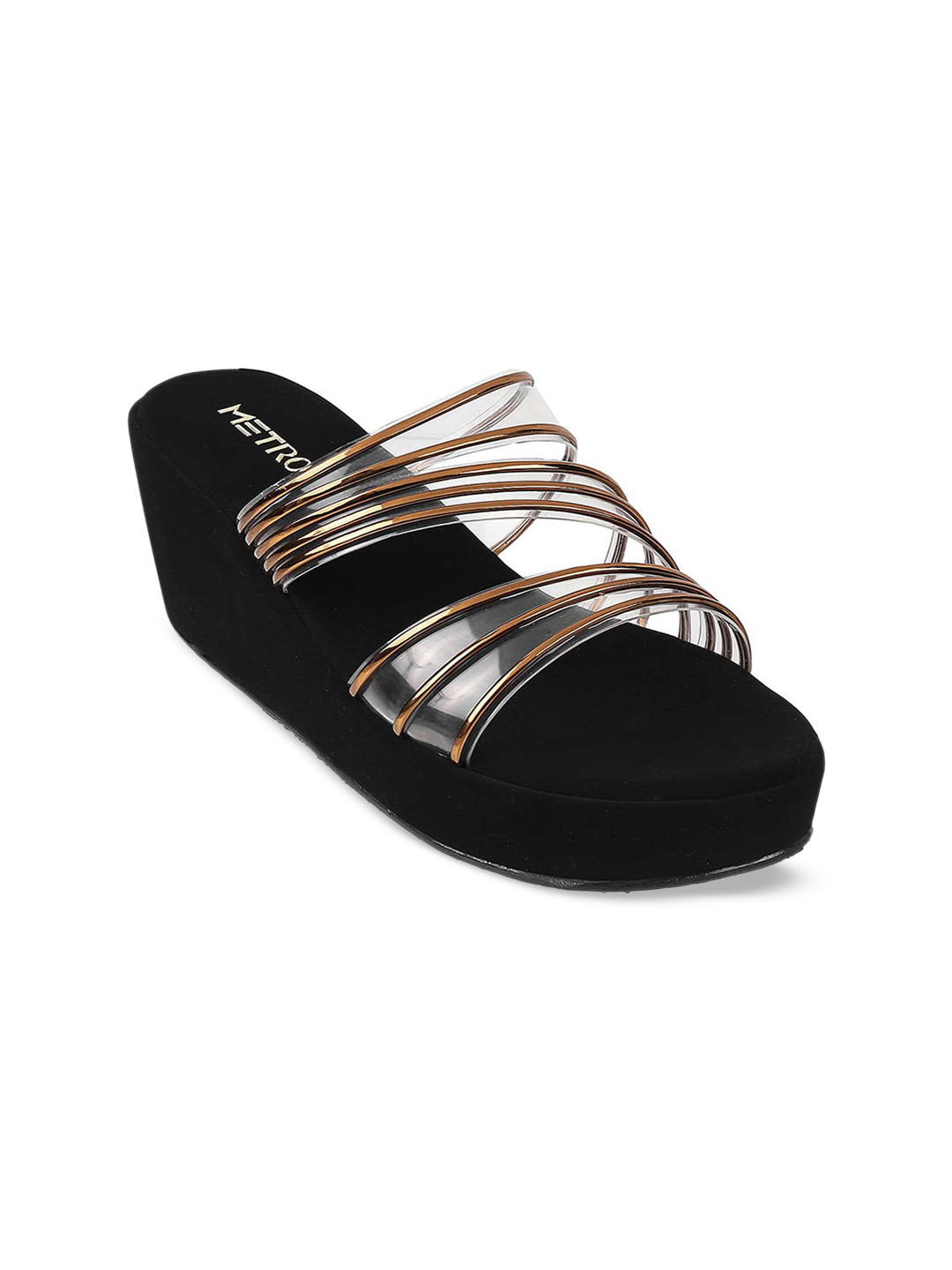 Metro Women Black & Gold-Toned Striped Wedge Heels