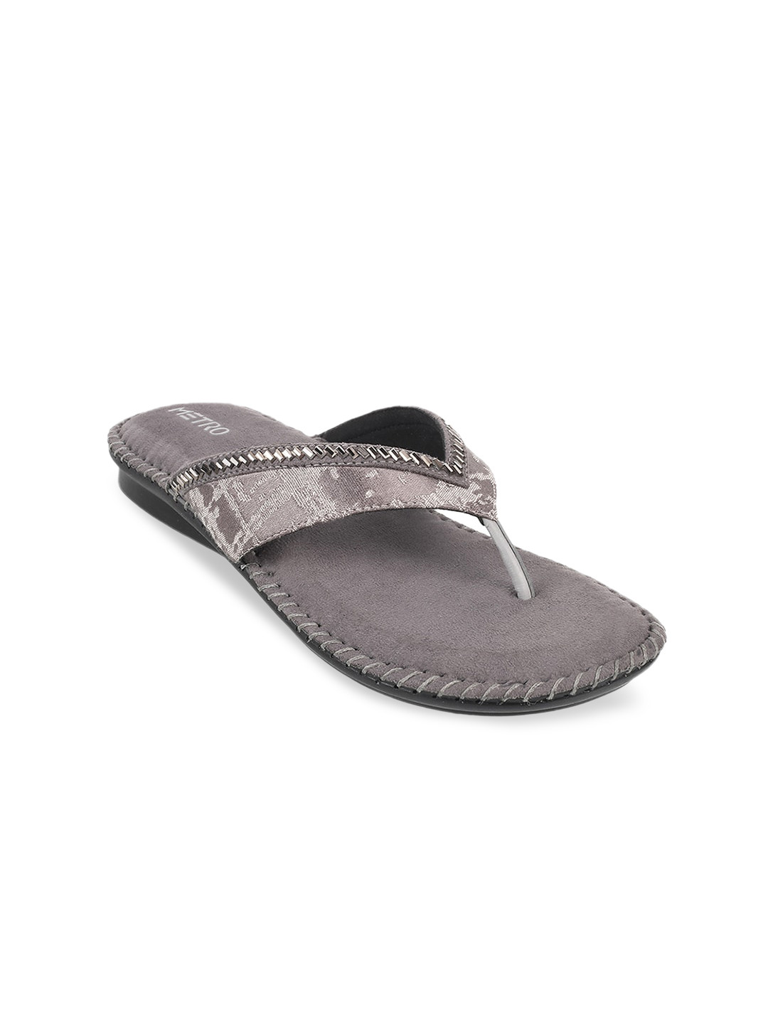 Metro Women Grey Embellished T-Strap Flats