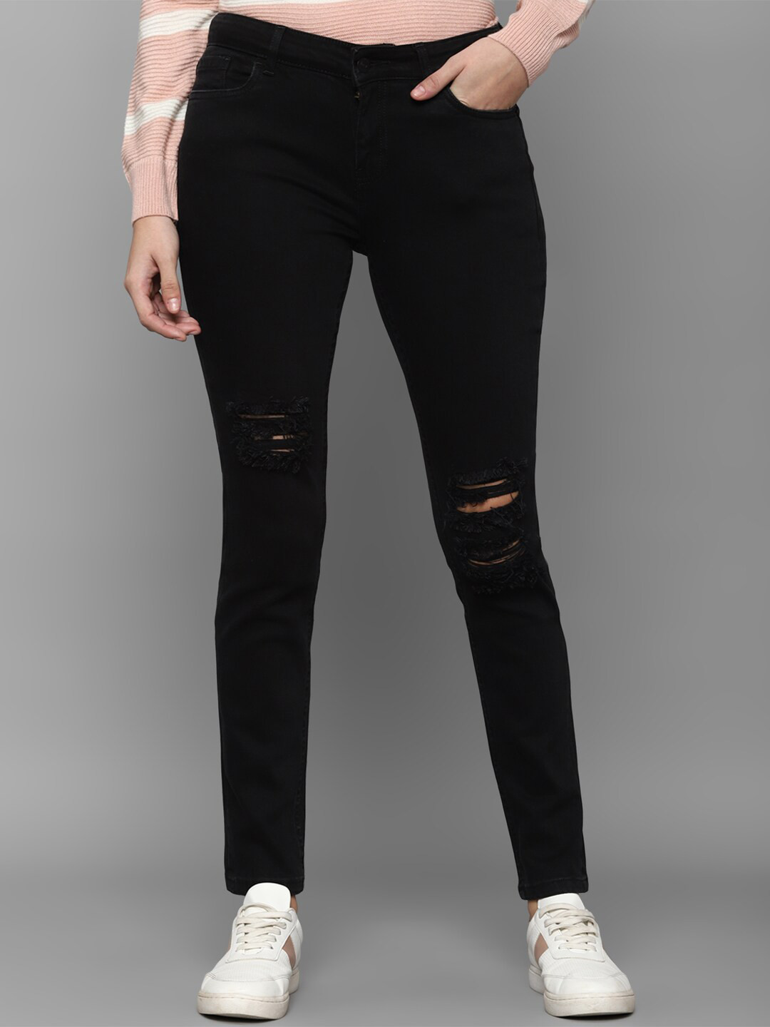 Allen Solly Woman Women Black Slim Fit Ripped Cotton Jeans