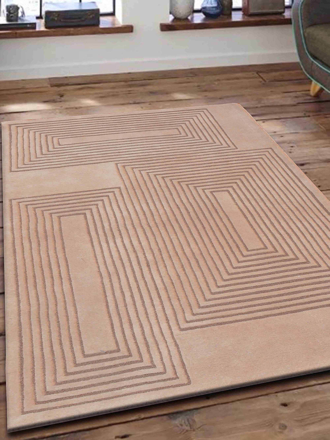 PRESTO Beige Geometric Hand Tufted Wool Carpet