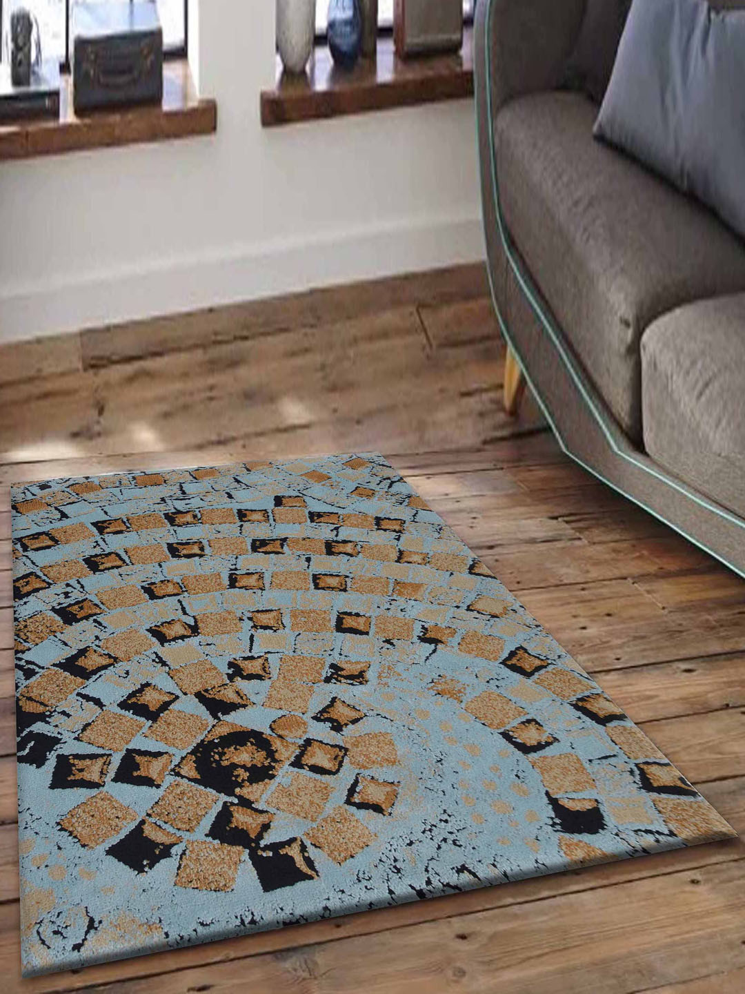 PRESTO Blue & Gold Hand Tufted Anti-Skid Carpet