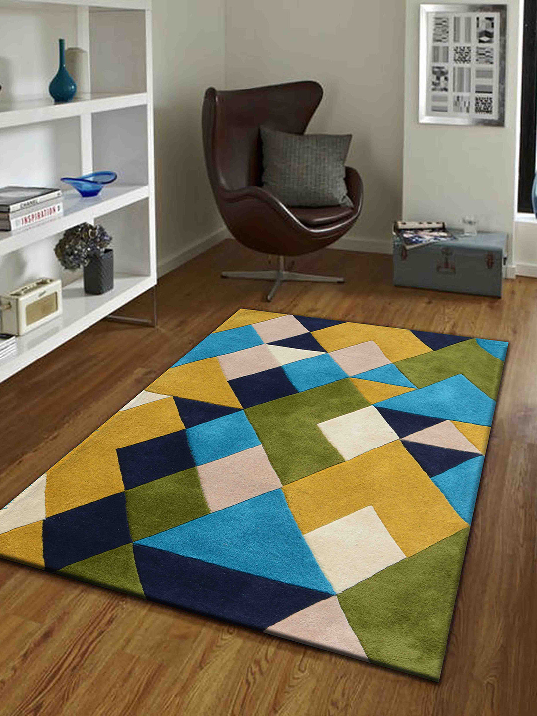 PRESTO Green & Yellow Geometric Hand Tufted Wool Anti-Skid Carpet