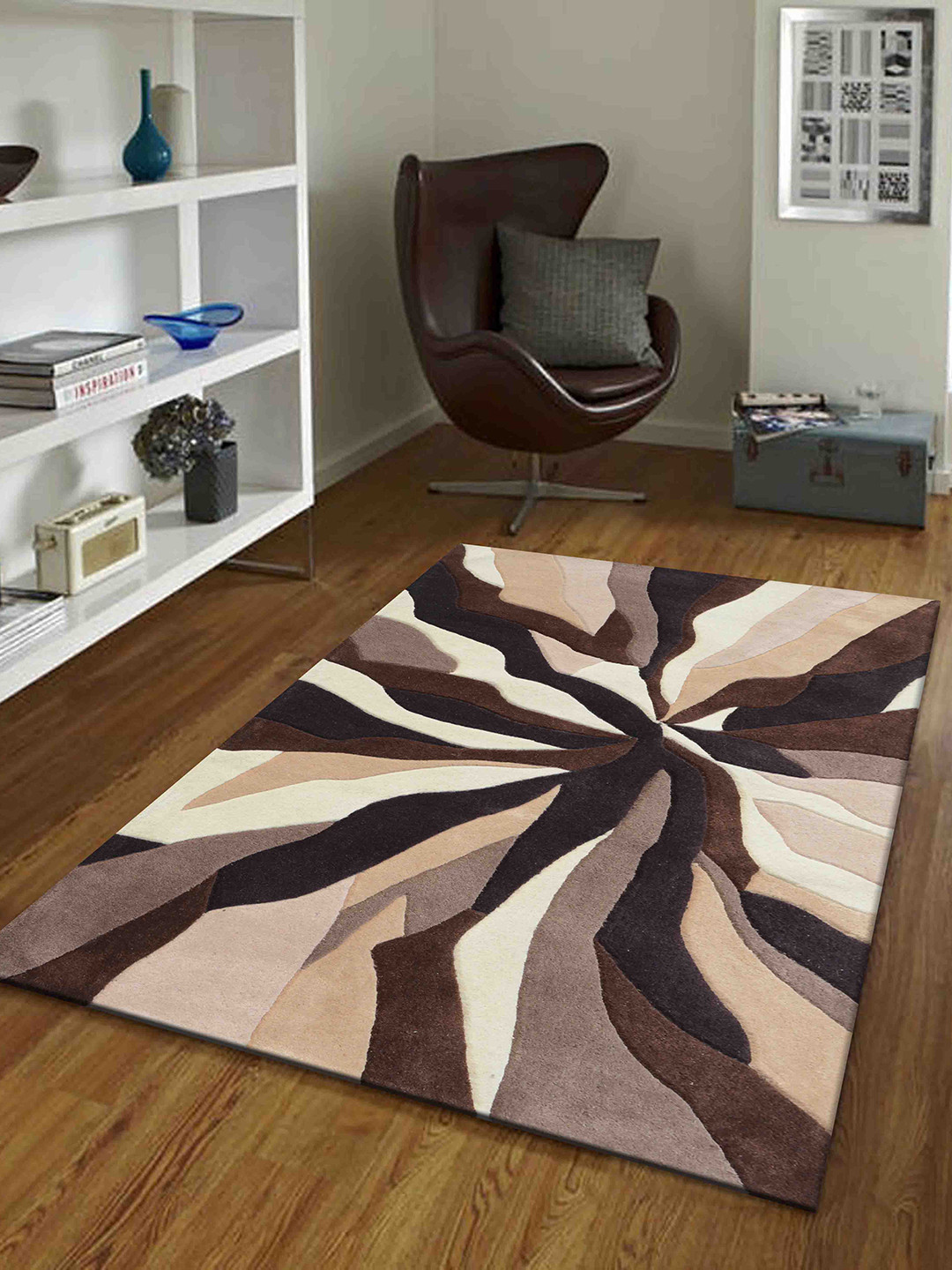 PRESTO Brown & Beige Abstract Hand Tufted Wool Anti-Skid Carpet