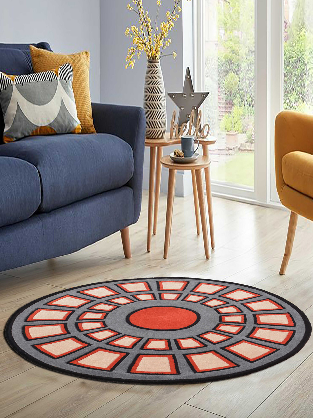 PRESTO Orange & Black Geometric Printed Hand Tufted  Round Wool Carpet