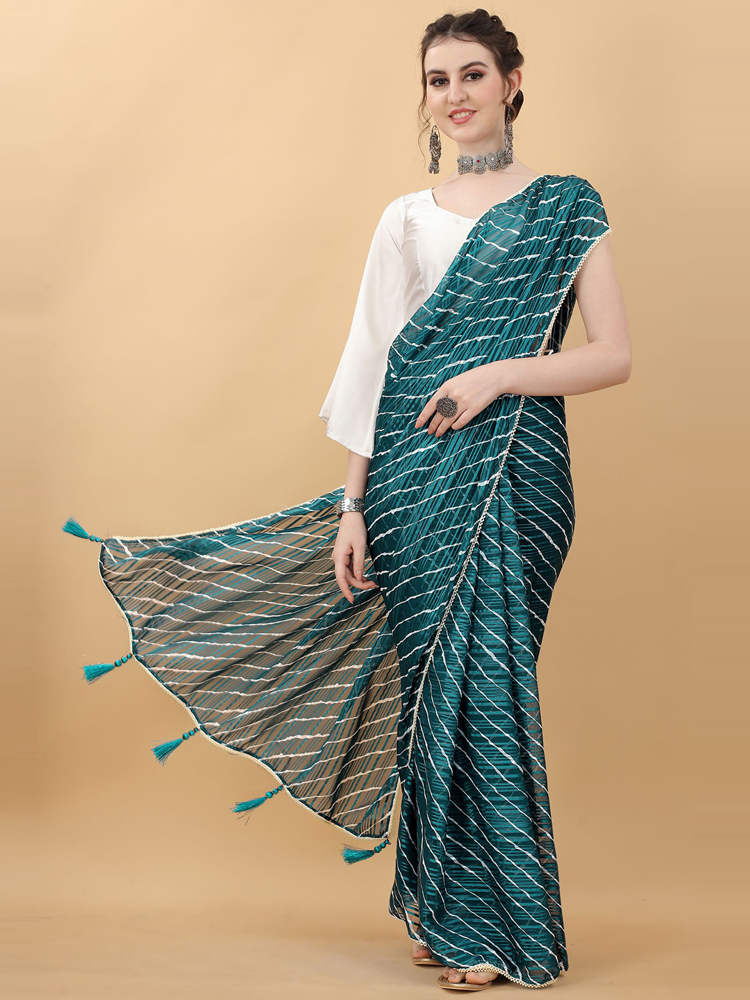 kasee Blue & White Striped Satin Saree