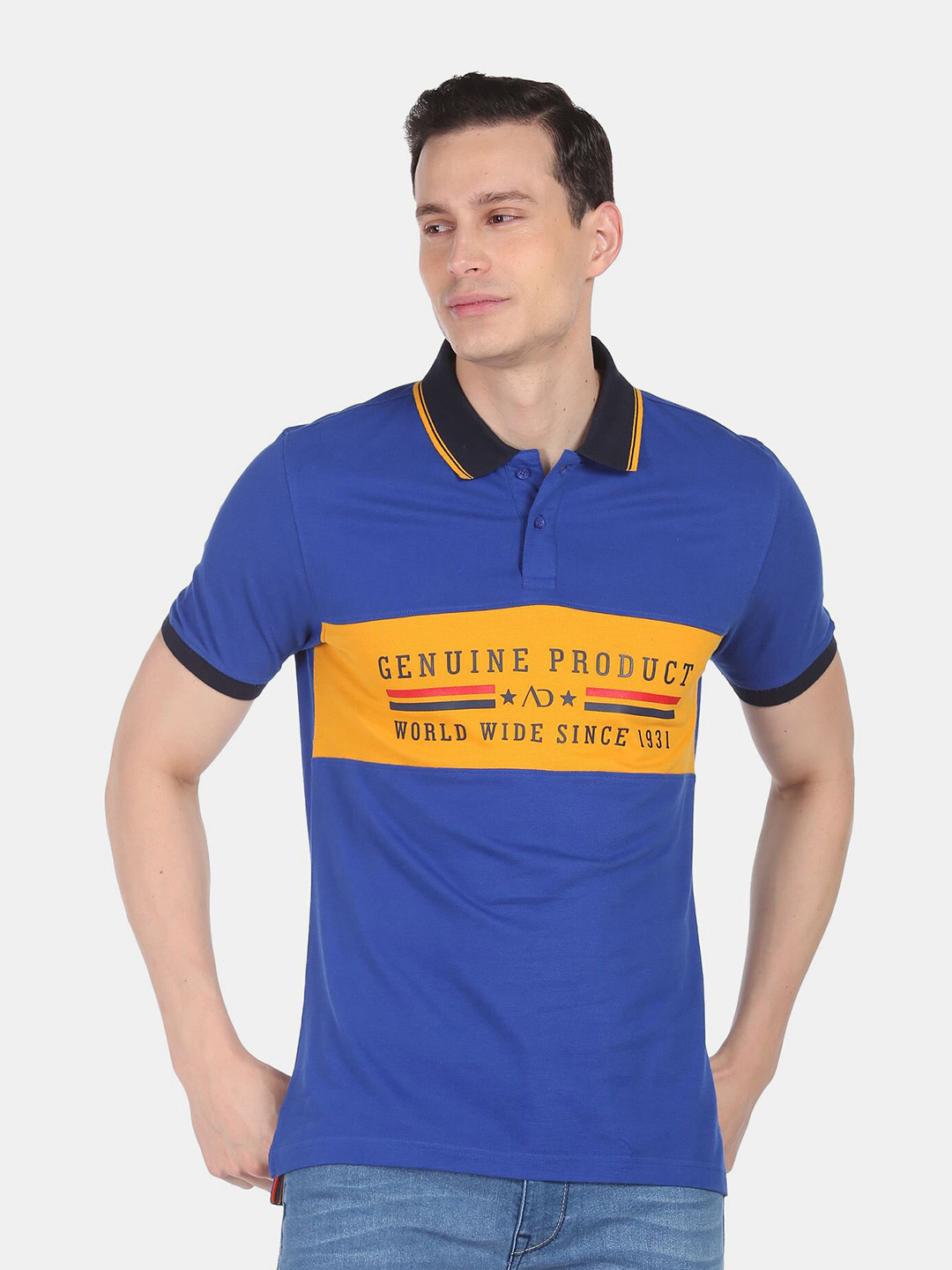 AD By Arvind Typography Printed Polo Collar Slim Fit Cotton T-shirt