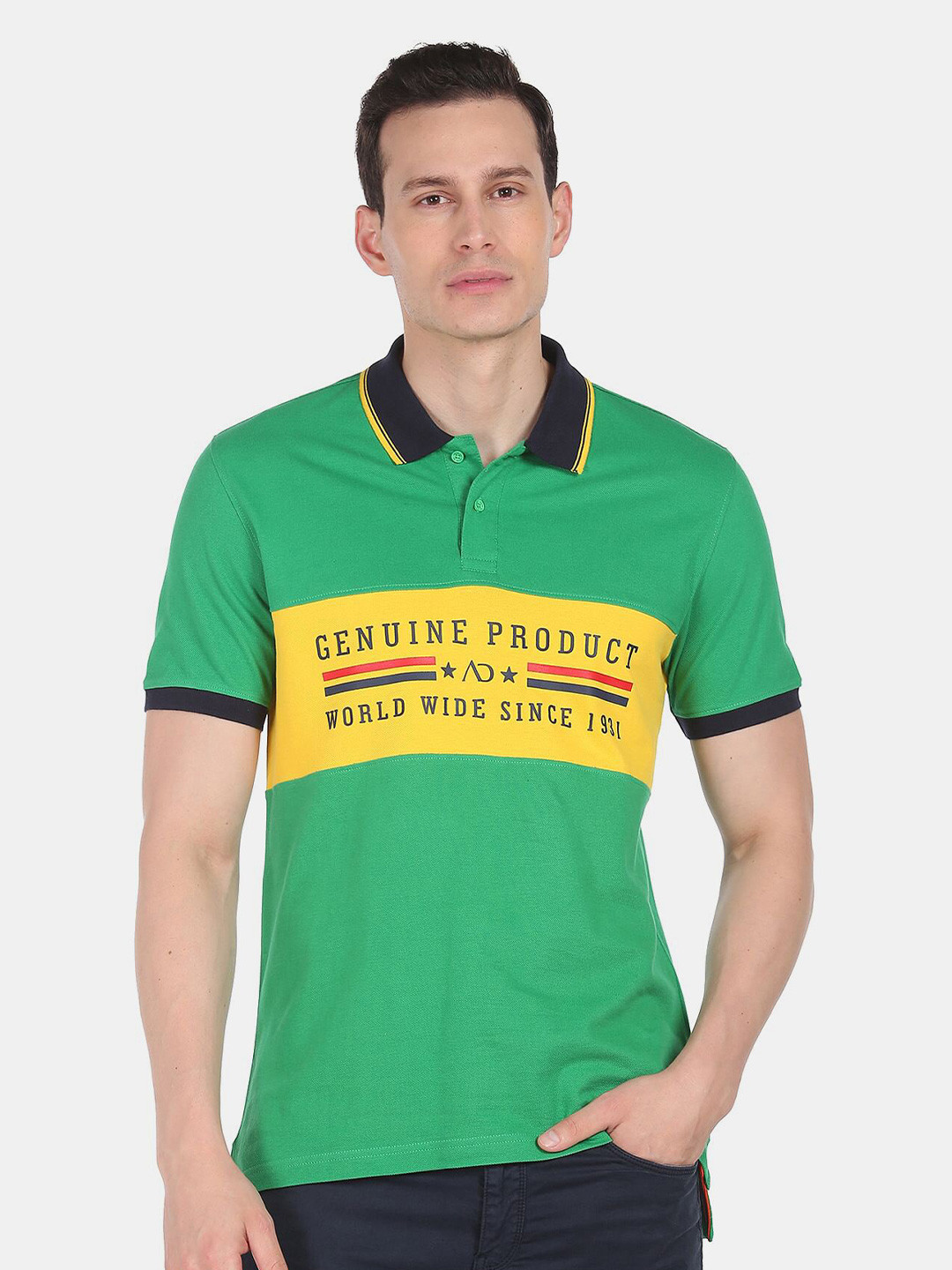 AD By Arvind Typography Printed Polo Collar Slim Fit Cotton T-shirt