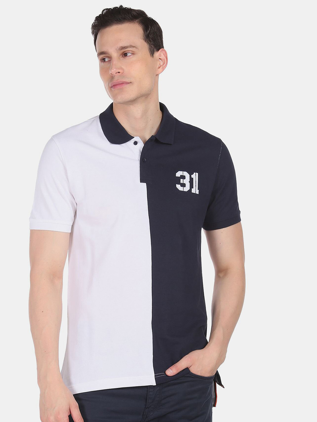 AD By Arvind Colourblocked Polo Collar Slim Fit Cotton T-shirt