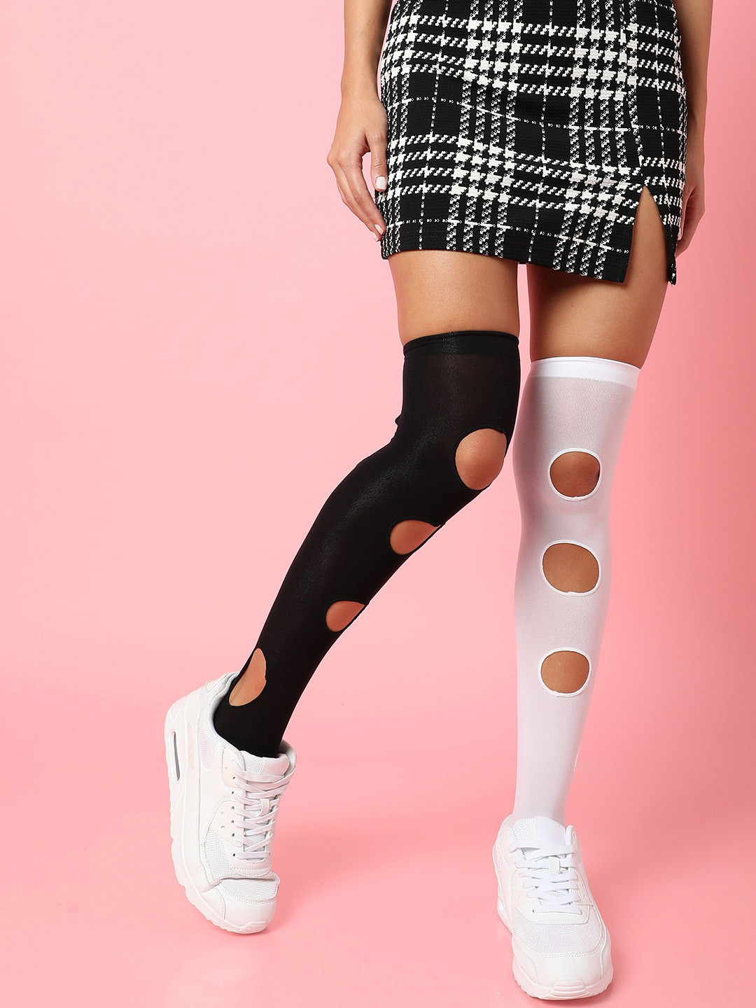 HAUTE SAUCE  Women Black & White Cut Out Thigh High Stockings