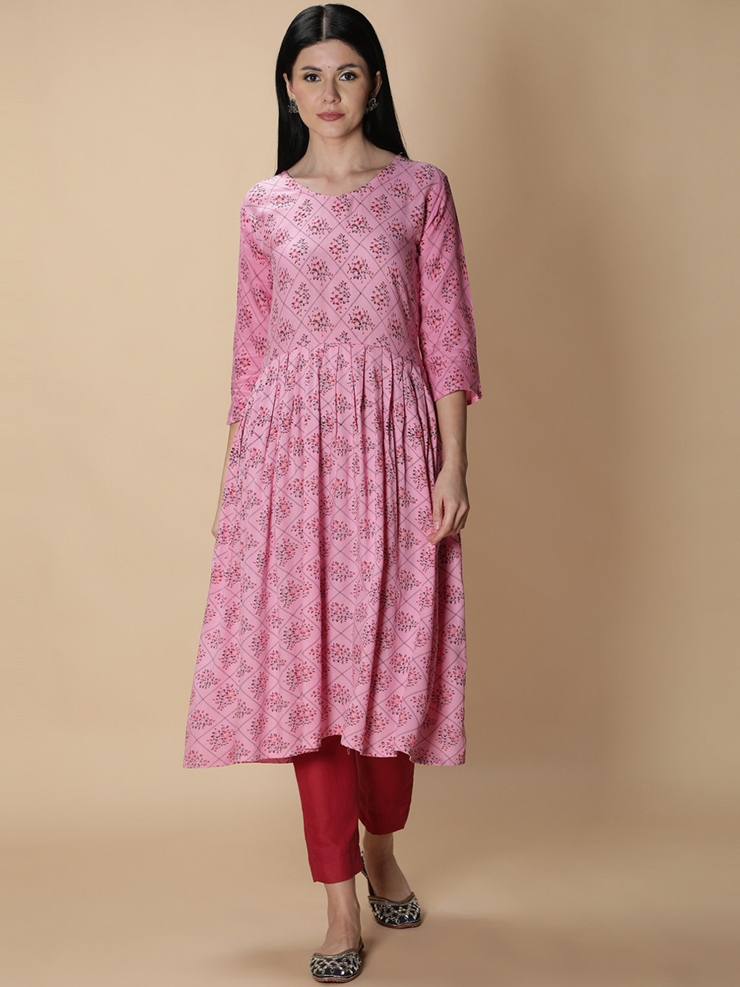 Fabclub Women Pink & Red Floral Printed A-Line Kurta with Trousers