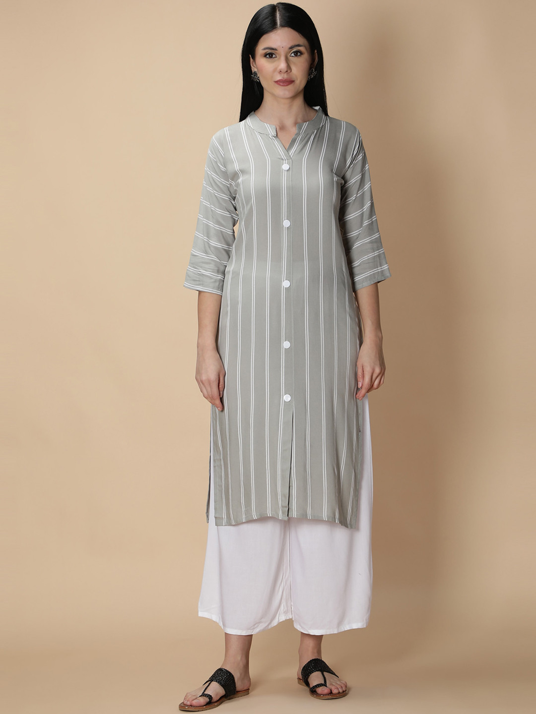 Fabclub Women Grey & White Striped Straight Kurta with Palazzo
