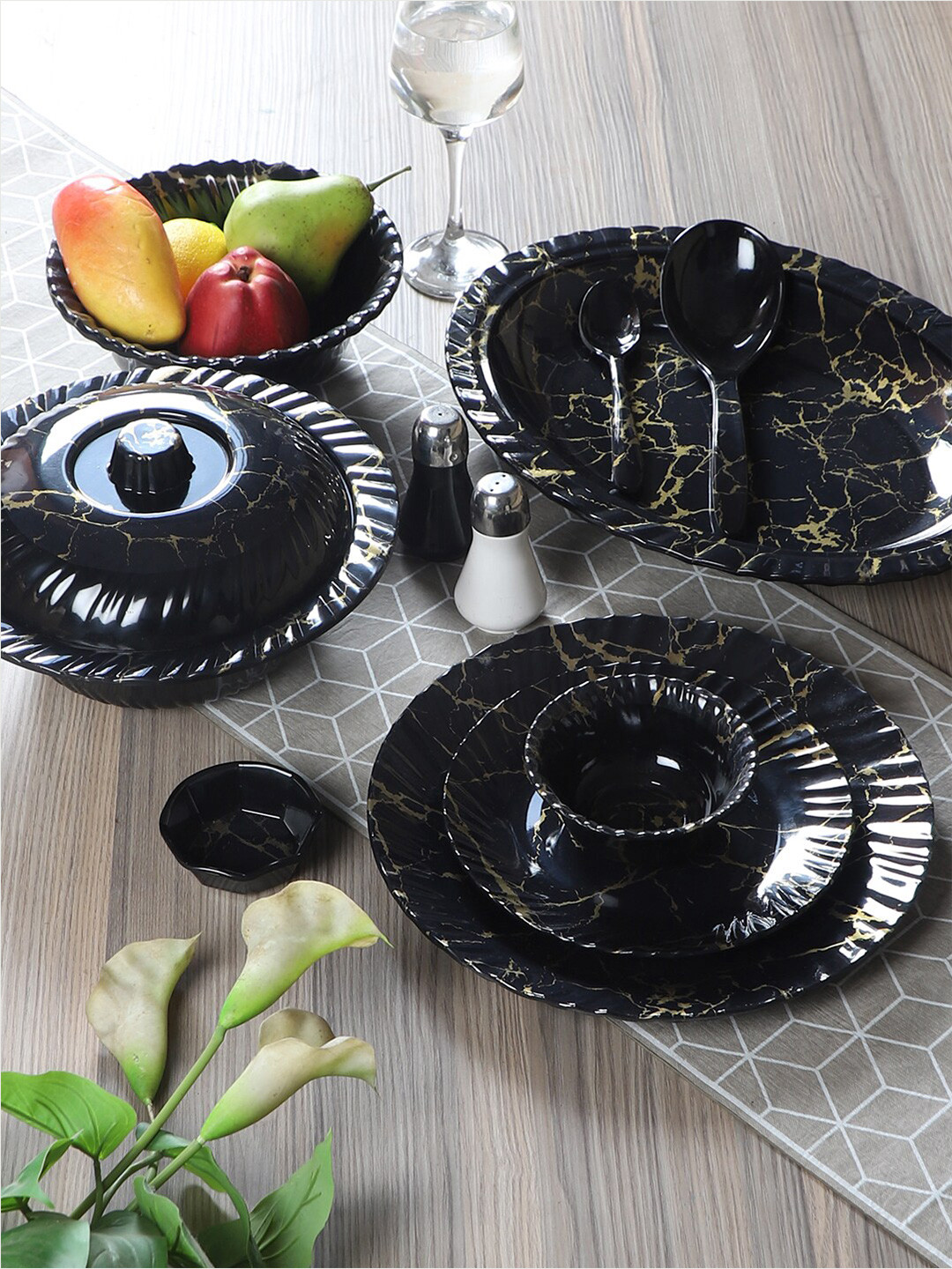 CDI Black Marble Melamine Microwave Safe 46 Piece Dinner Set
