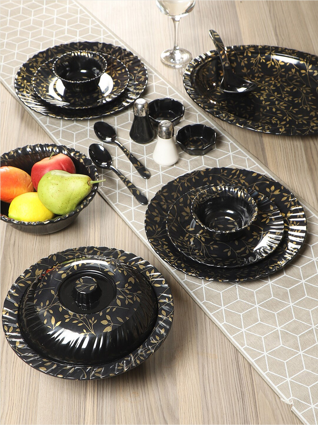 CDI Black Floral Melamine Microwave Safe 46 Piece Dinner Set
