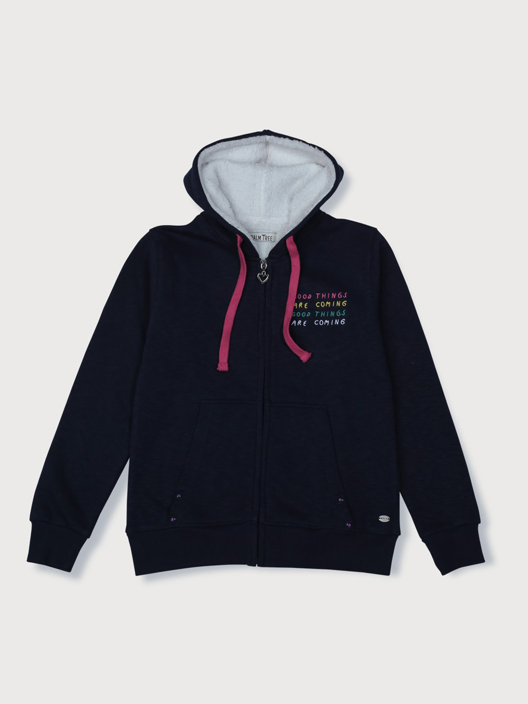 Palm Tree Girls Navy Blue Cotton Open Front Jacket with Embroidered