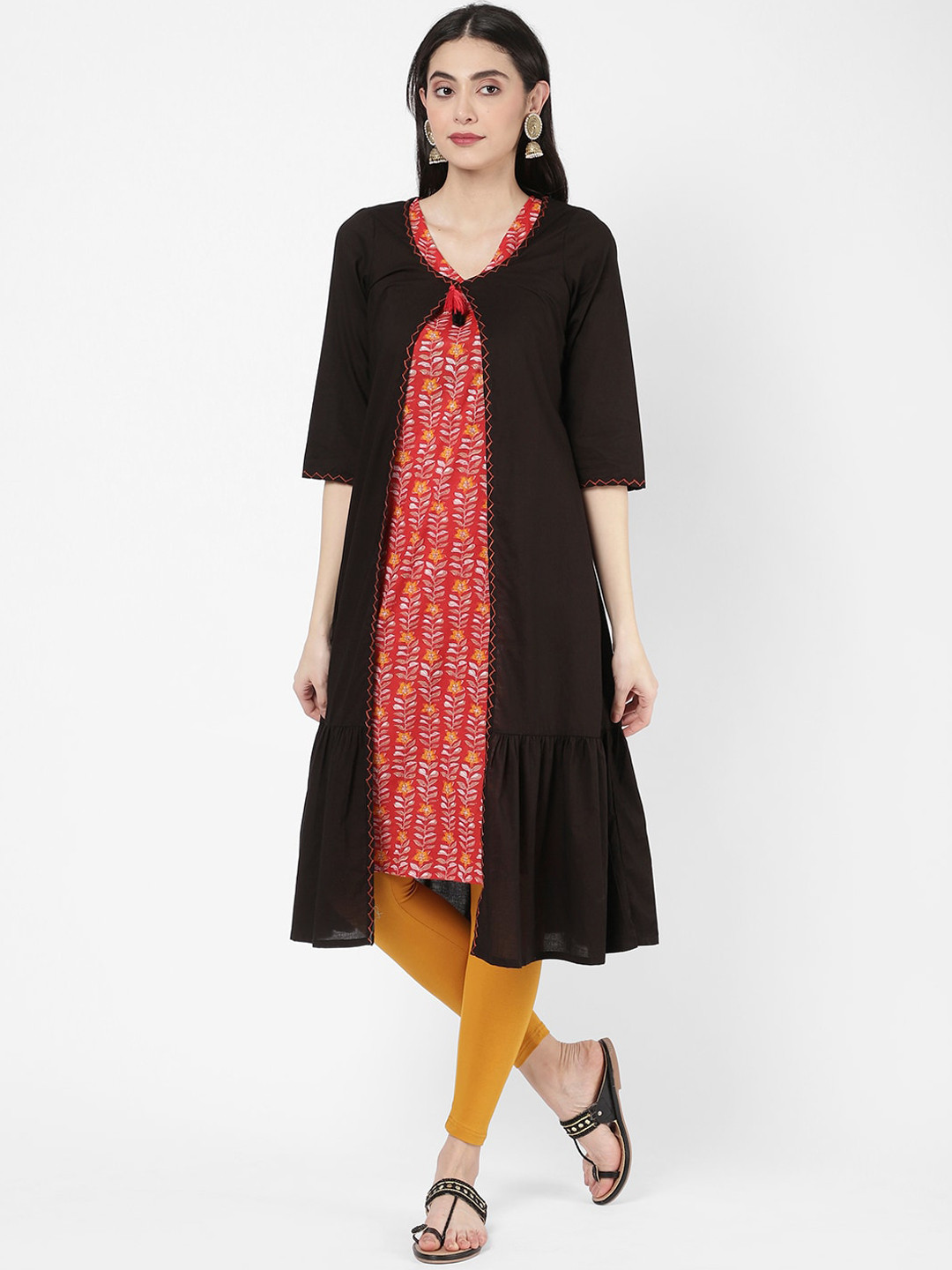 R&B Women Black Floral Printed Pure Cotton Kurta With Leggings & With Shrug