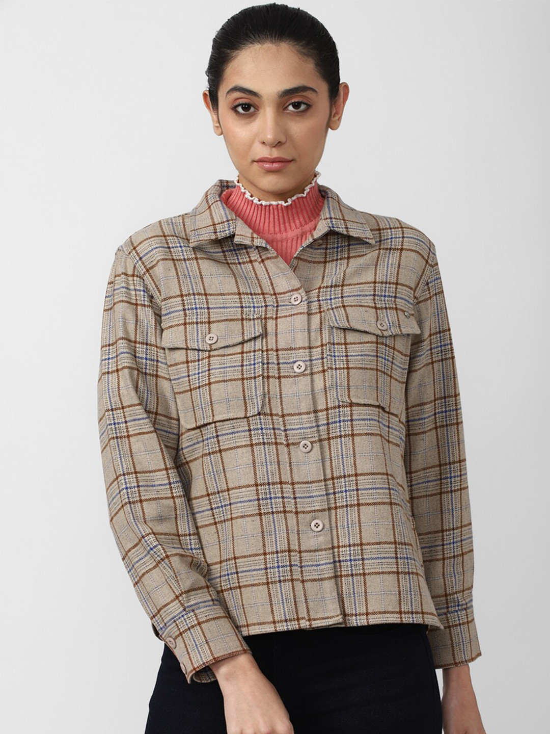 Van Heusen Woman Women Khaki Blue Checked Crop Cotton Tailored Jacket