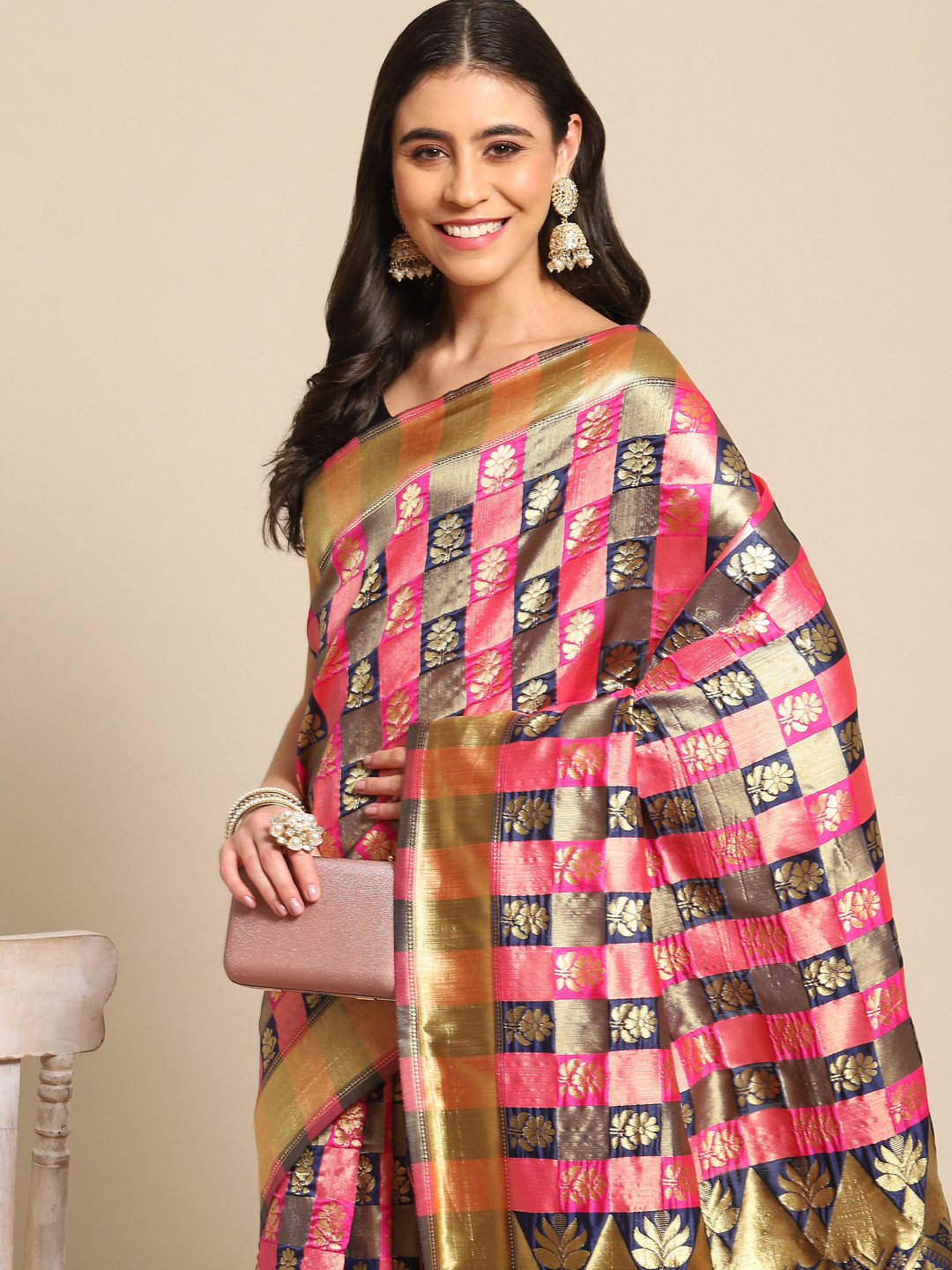 Anouk Rustic Navy Blue Floral Silk Blend Dharmavaram Saree
