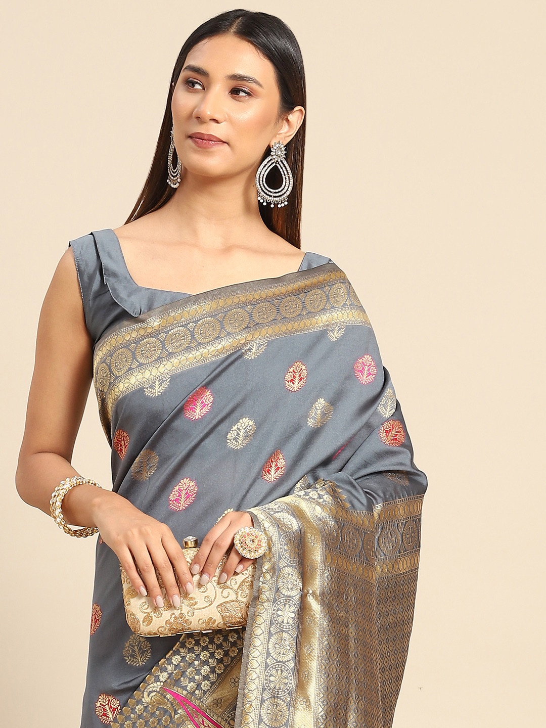 Anouk Rustic Grey & Gold-Toned Floral Silk Blend Banarasi Saree