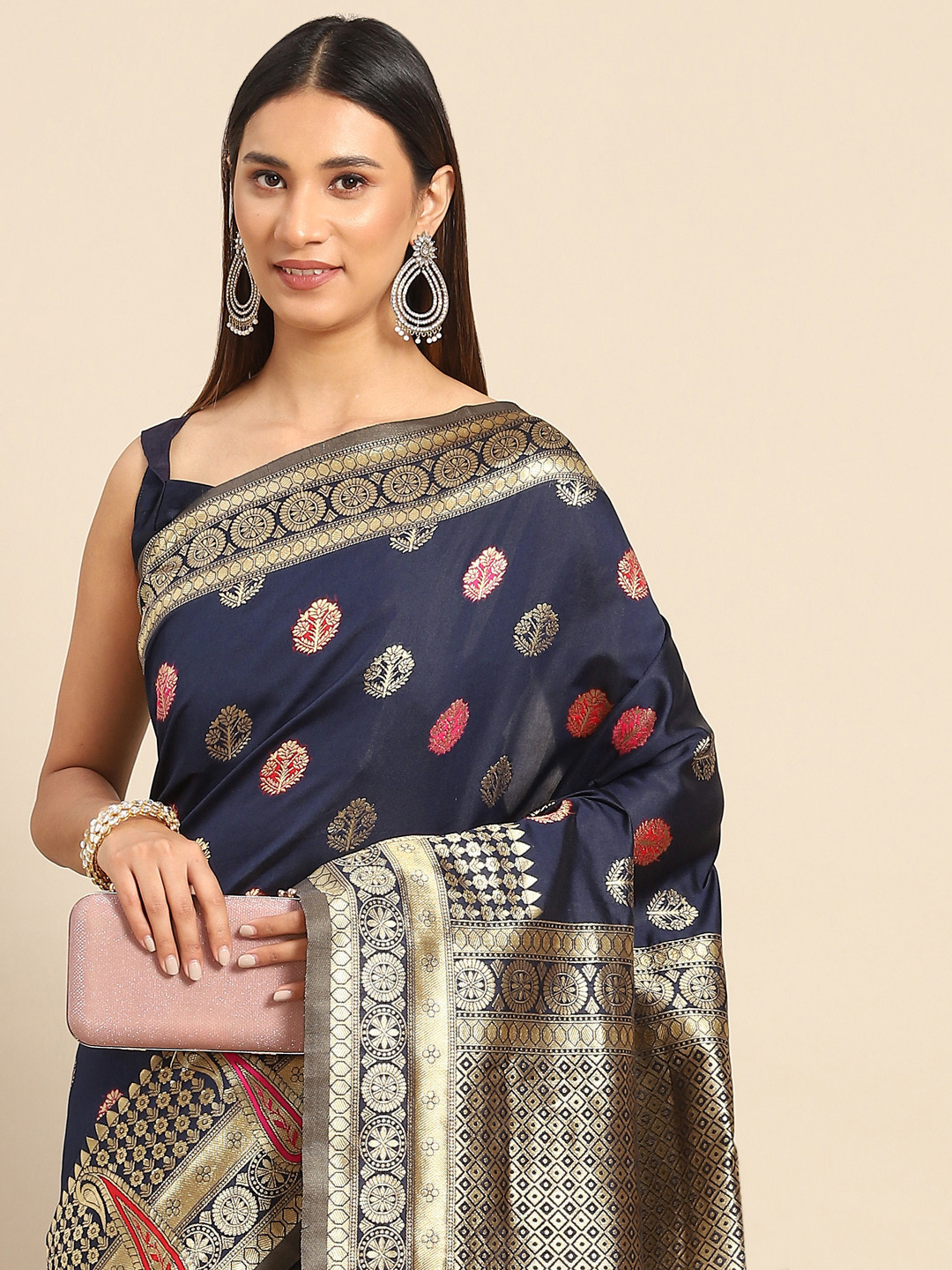 Anouk Rustic Navy Blue & Gold-Toned Floral Silk Blend Banarasi Saree