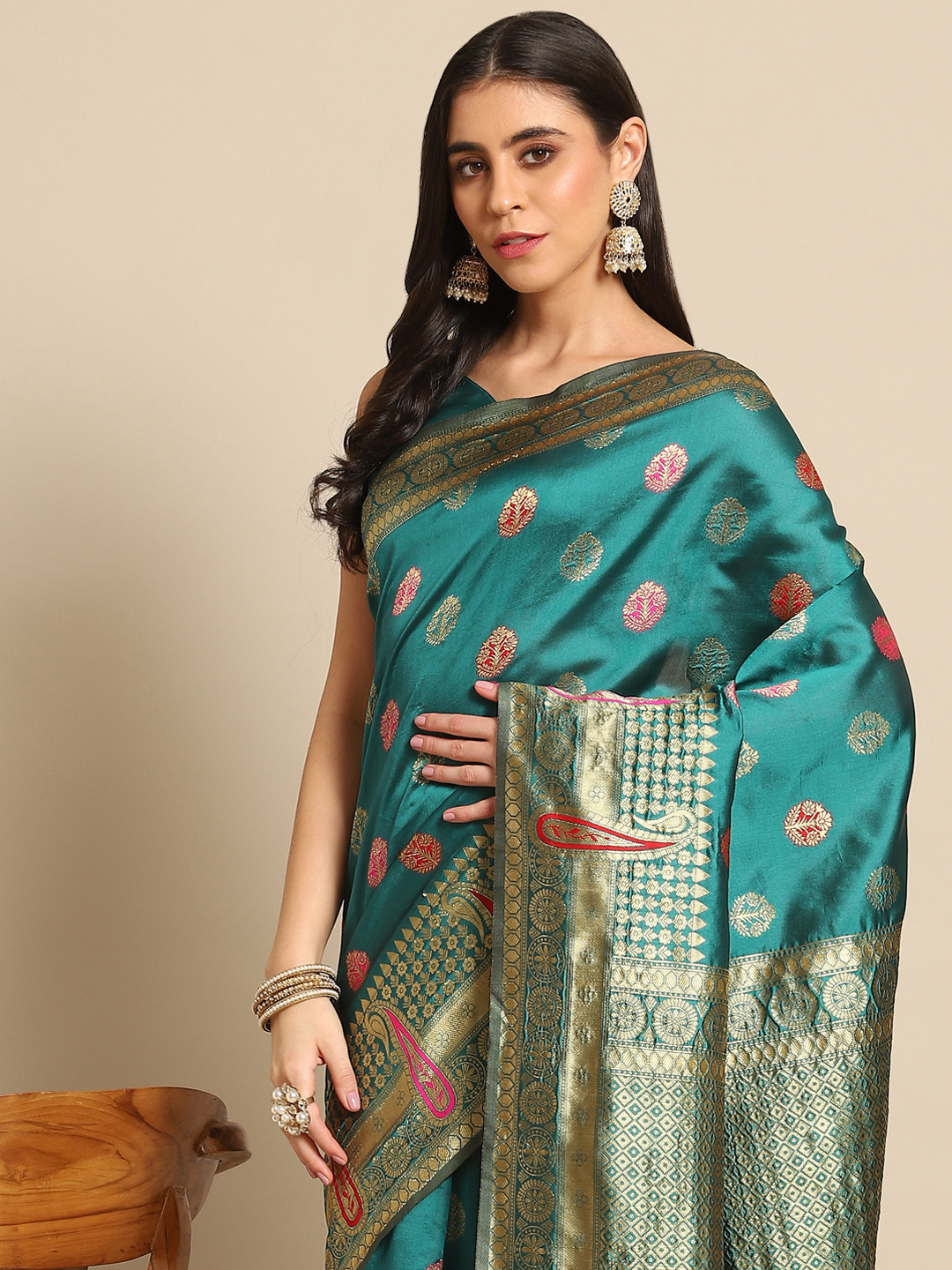 Anouk Rustic Teal Ethnic Motifs Silk Blend Banarasi Saree
