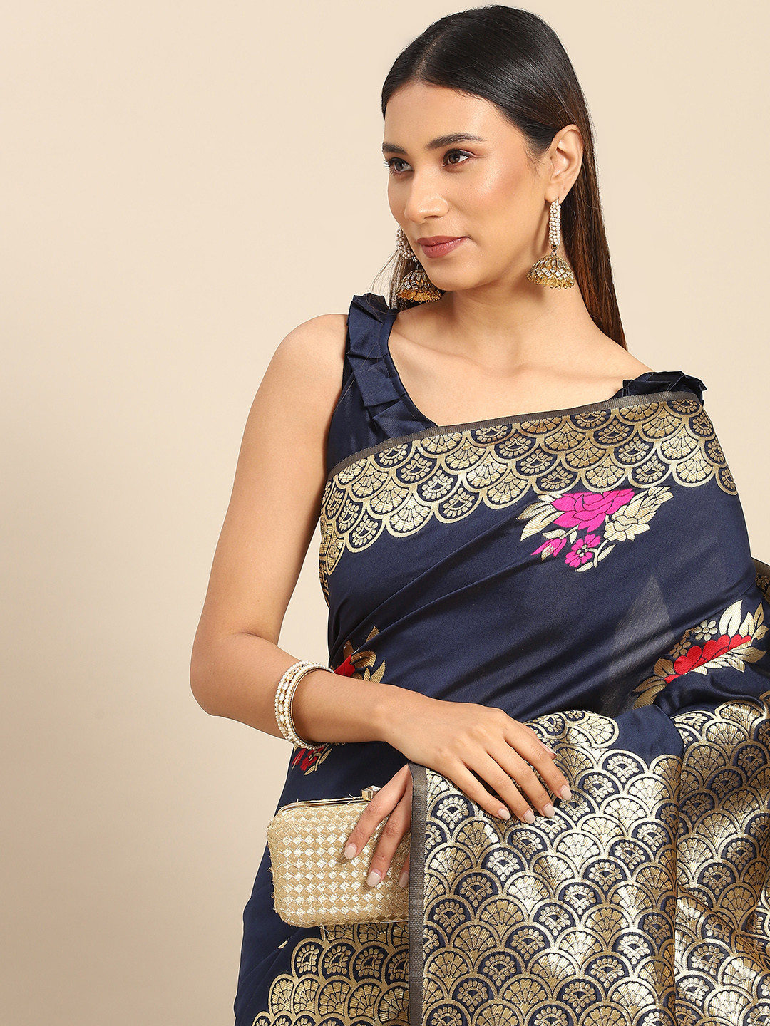 Anouk Rustic Navy Blue & Gold-Toned Floral Silk Blend Banarasi Saree