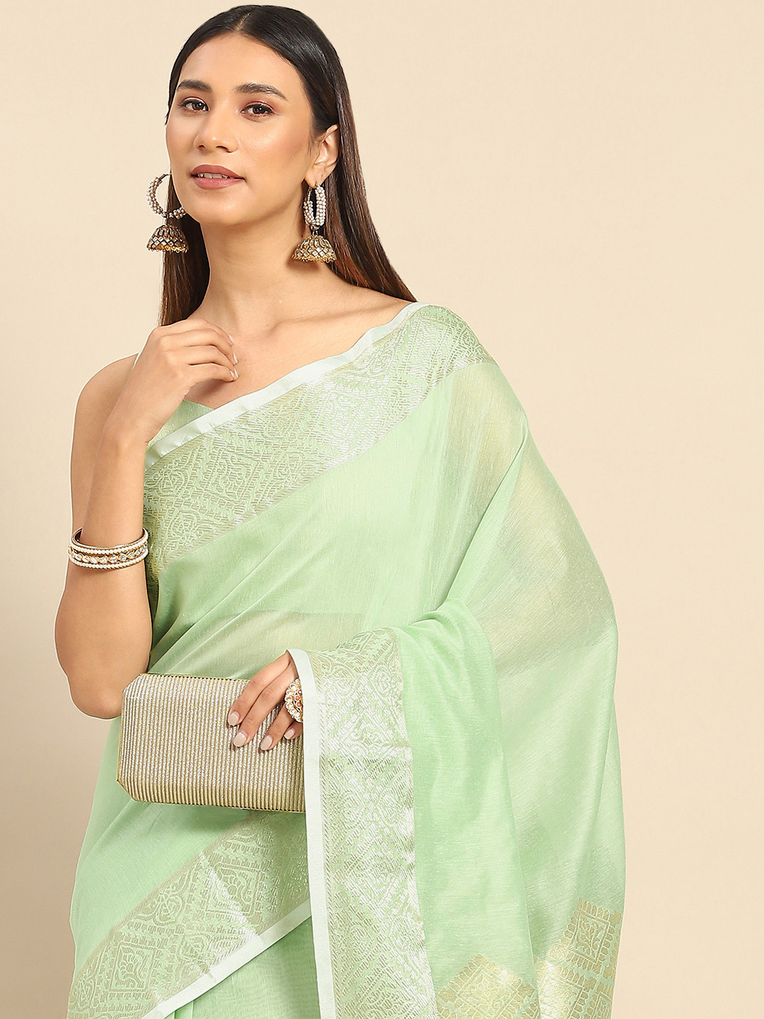 Anouk Rustic Green & Gold-Toned Linen Blend Taant Saree