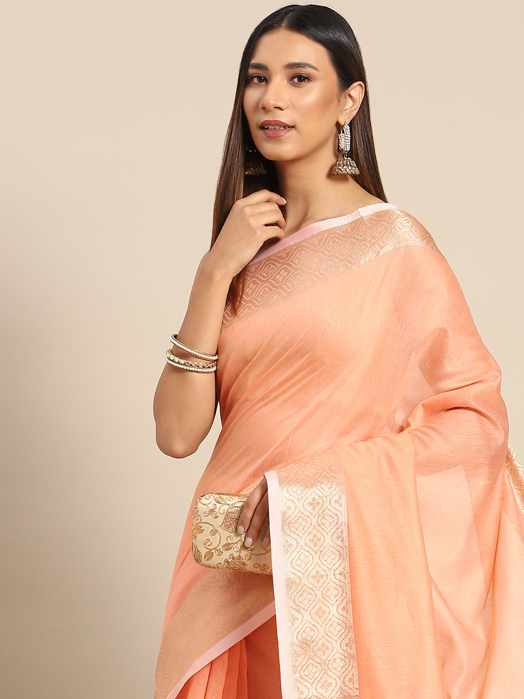 Anouk Rustic Peach-Coloured & Gold-Toned Linen Blend Banarasi Saree