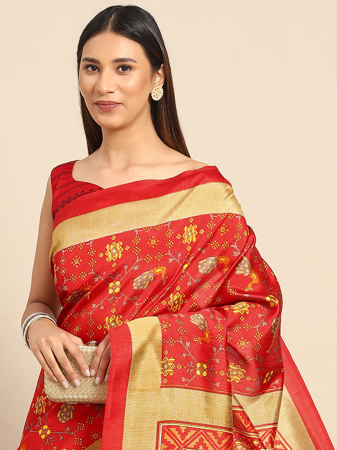 Anouk Rustic Red & Gold-Toned Ethnic Motifs Block Print Saree