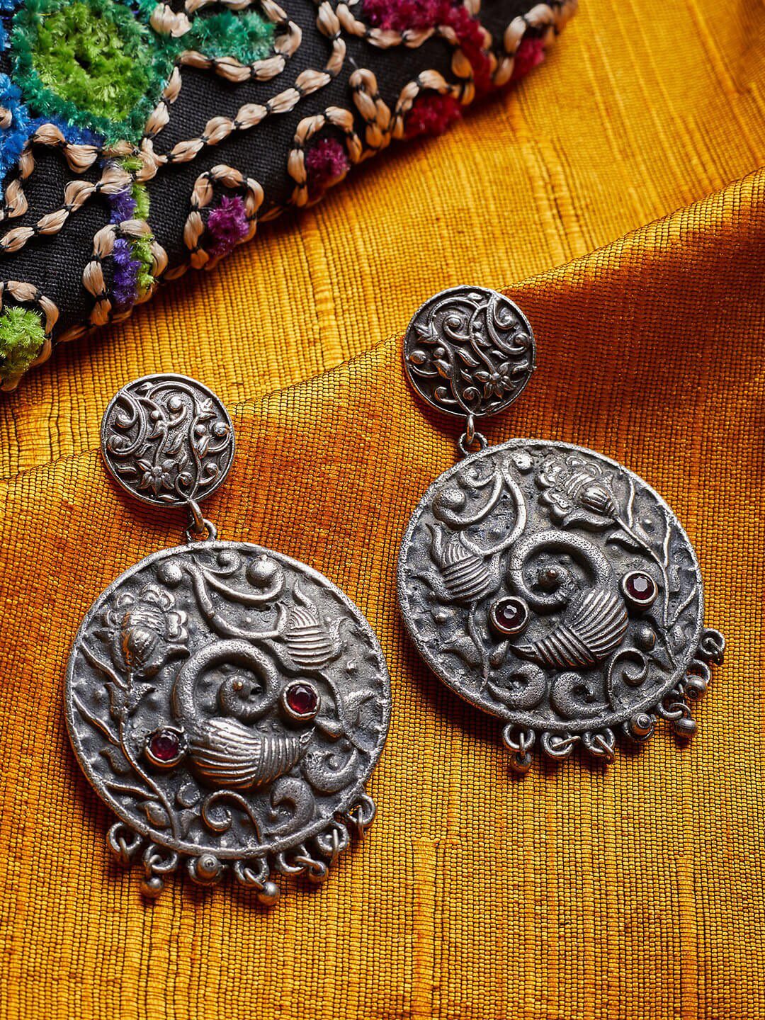 ZeroKaata Red and Silver Plated Contemporary Oxidised Drop Earrings