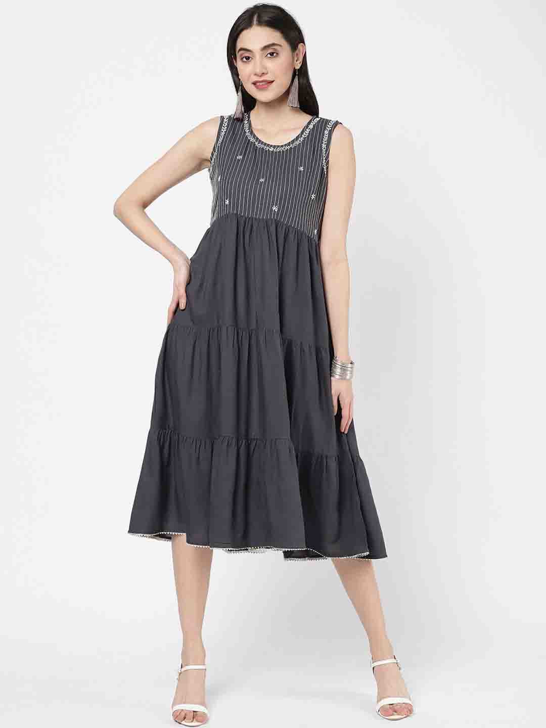 R&B Grey Embroidered A-Line Midi Dress