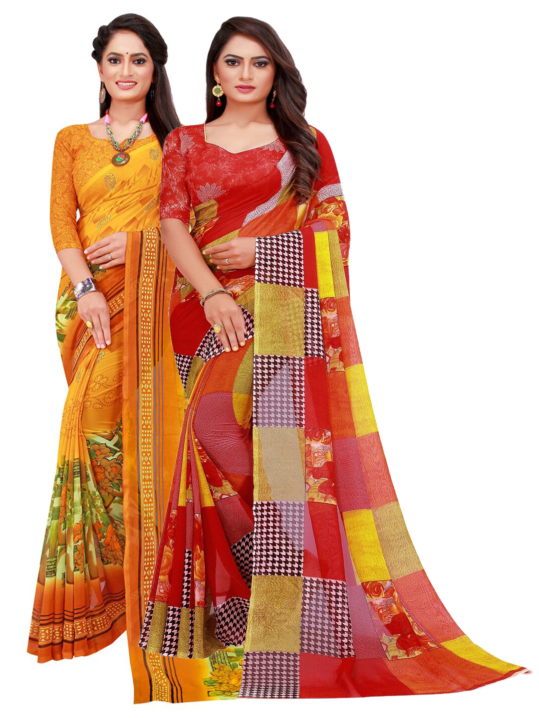 Silk Bazar Pack Of 2 Red & Yellow Pure Georgette Saree