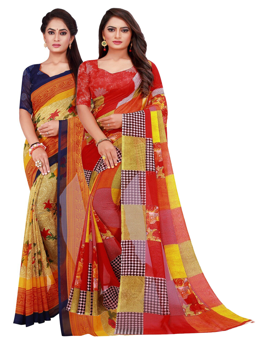 Silk Bazar Pack of 2 Red & Beige Floral Printed Pure Georgette Saree