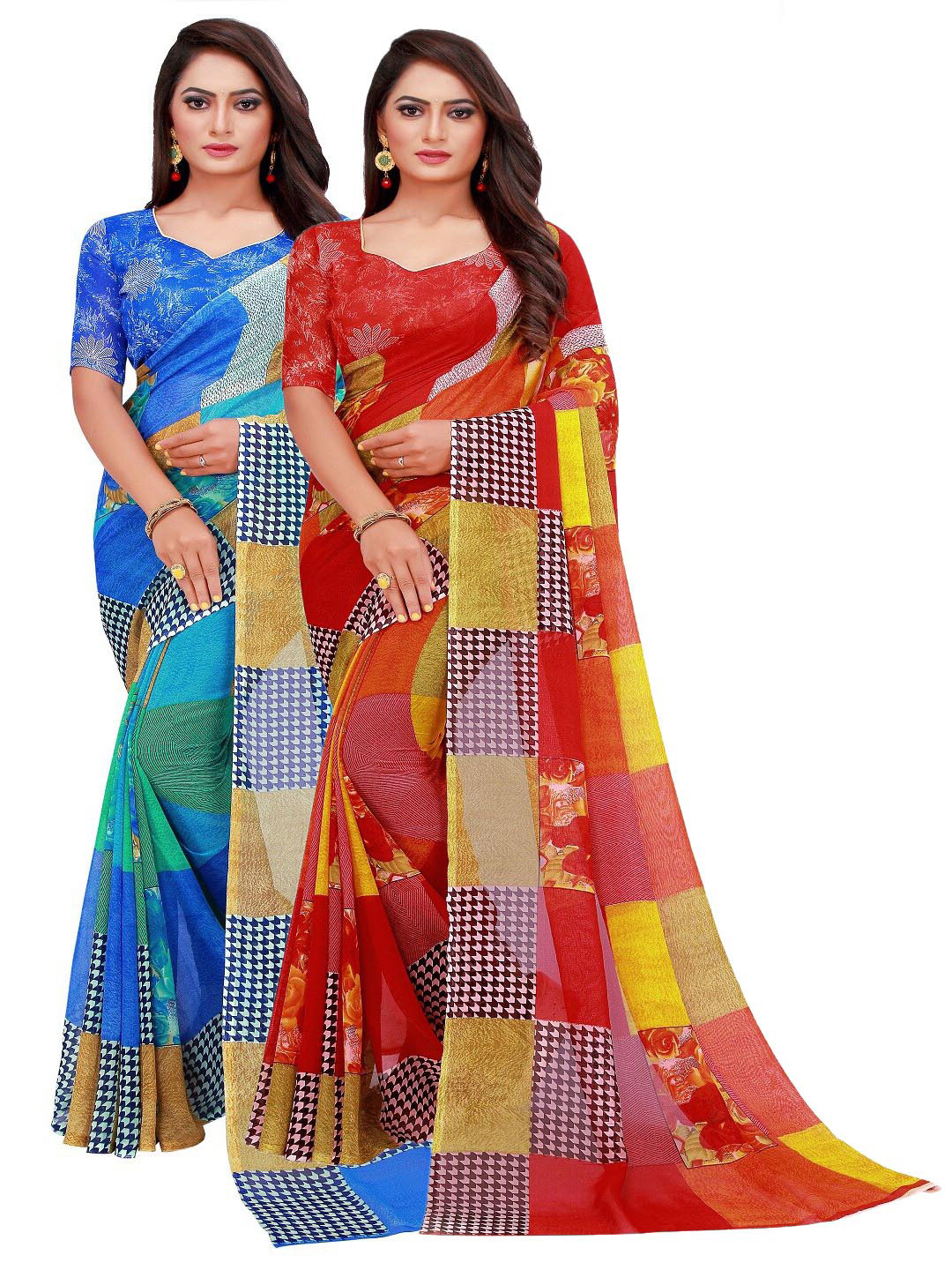 Silk Bazar Pack of 2 Blue & Red Printed Pure Georgette Saree