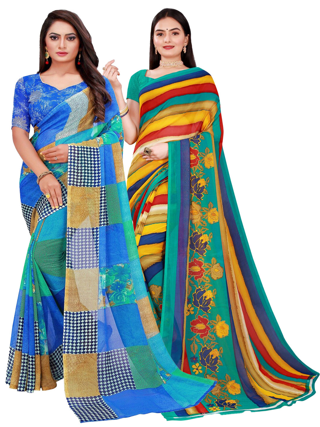 Silk Bazar Blue & Green Pure Georgette Saree