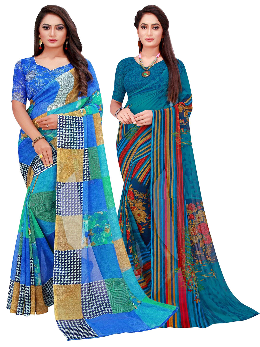 Silk Bazar Blue & Brown Pure Georgette Saree
