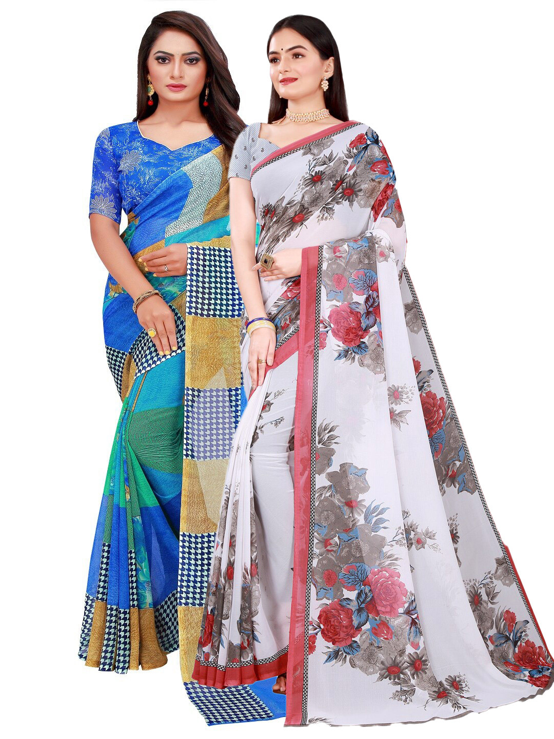 Silk Bazar White & Blue Pure Georgette Saree