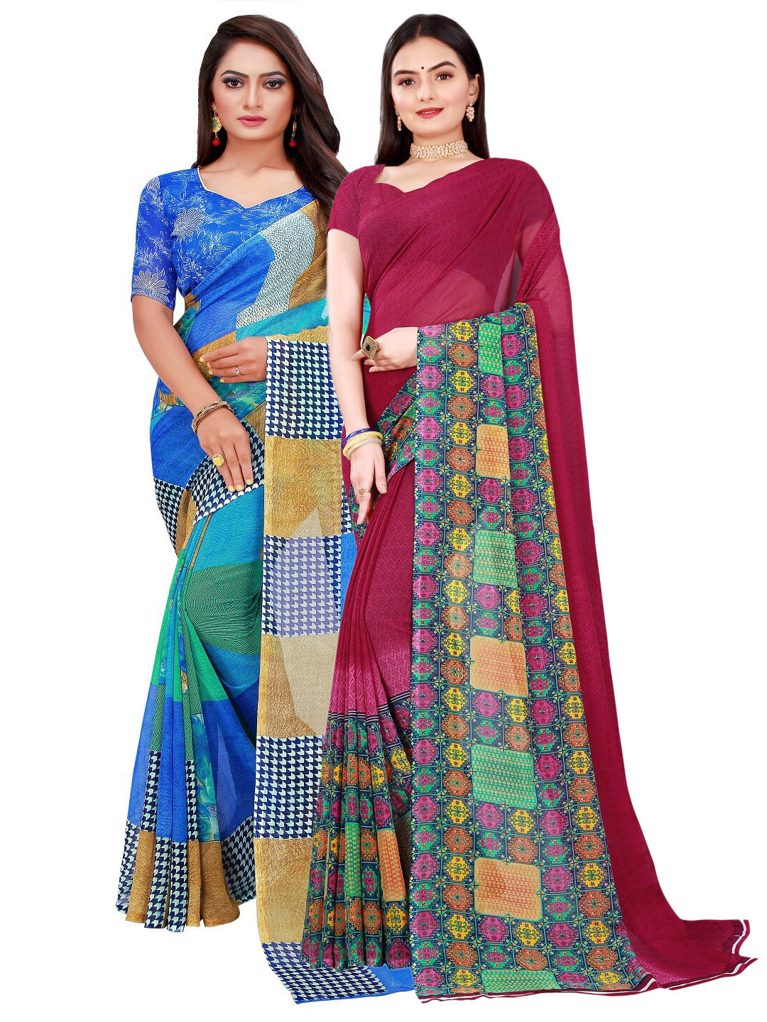 Silk Bazar Maroon & Blue Ethnic Motifs Pure Georgette Saree