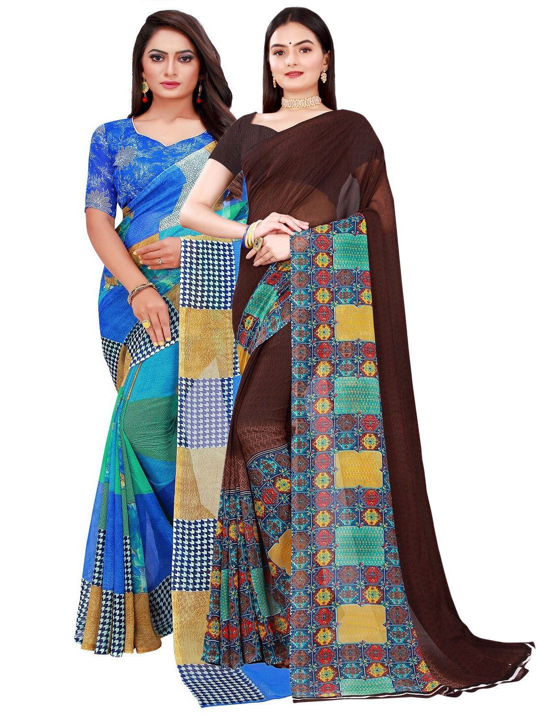 Silk Bazar Brown & Blue Ethnic Motifs Pure Georgette Saree