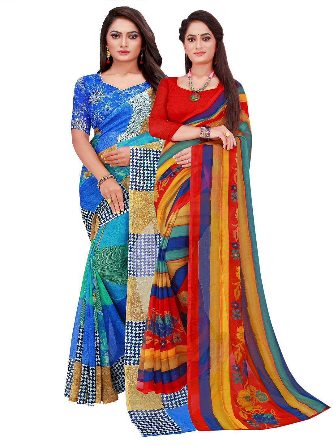 Silk Bazar Blue & Red Floral Pure Georgette Saree