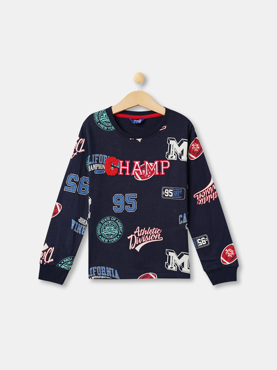 R&B Boys Navy Blue Printed Applique Round Eck Cotton T-shirt