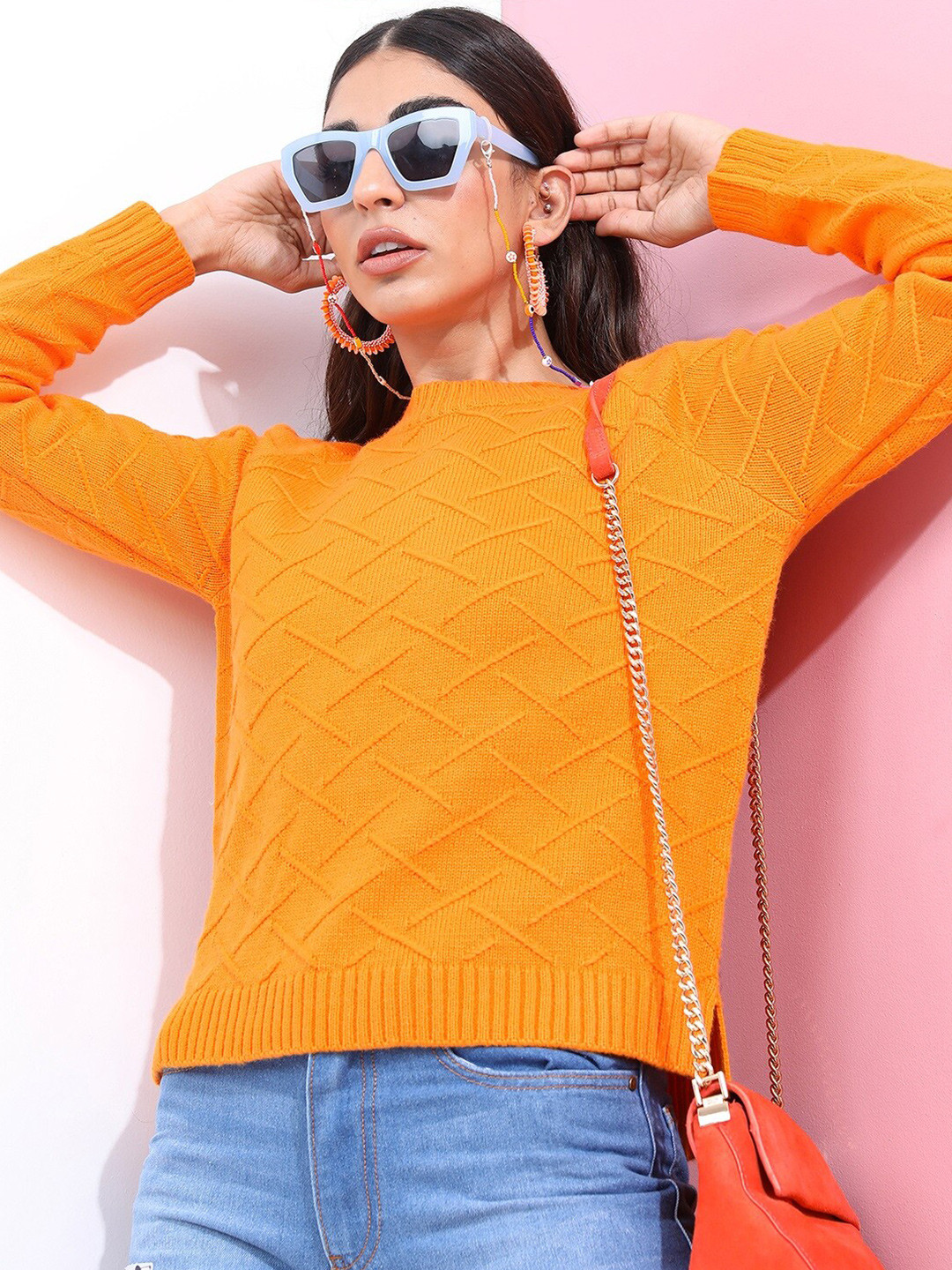 Tokyo Talkies Womens Orange Jacquard Acrylic Pullover